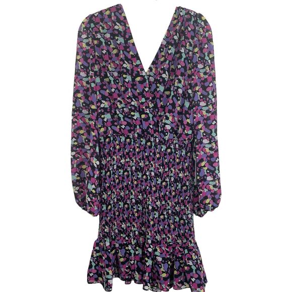 WAYF Smock Mini Dress Sz S Long Sleeve Open Back Multicolor Confetti Ruffle Hem - Picture 1 of 6